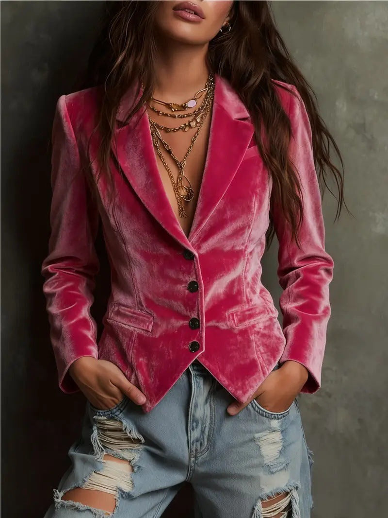 Womens Long-sleeve Shirt-collar Velvet Blazer