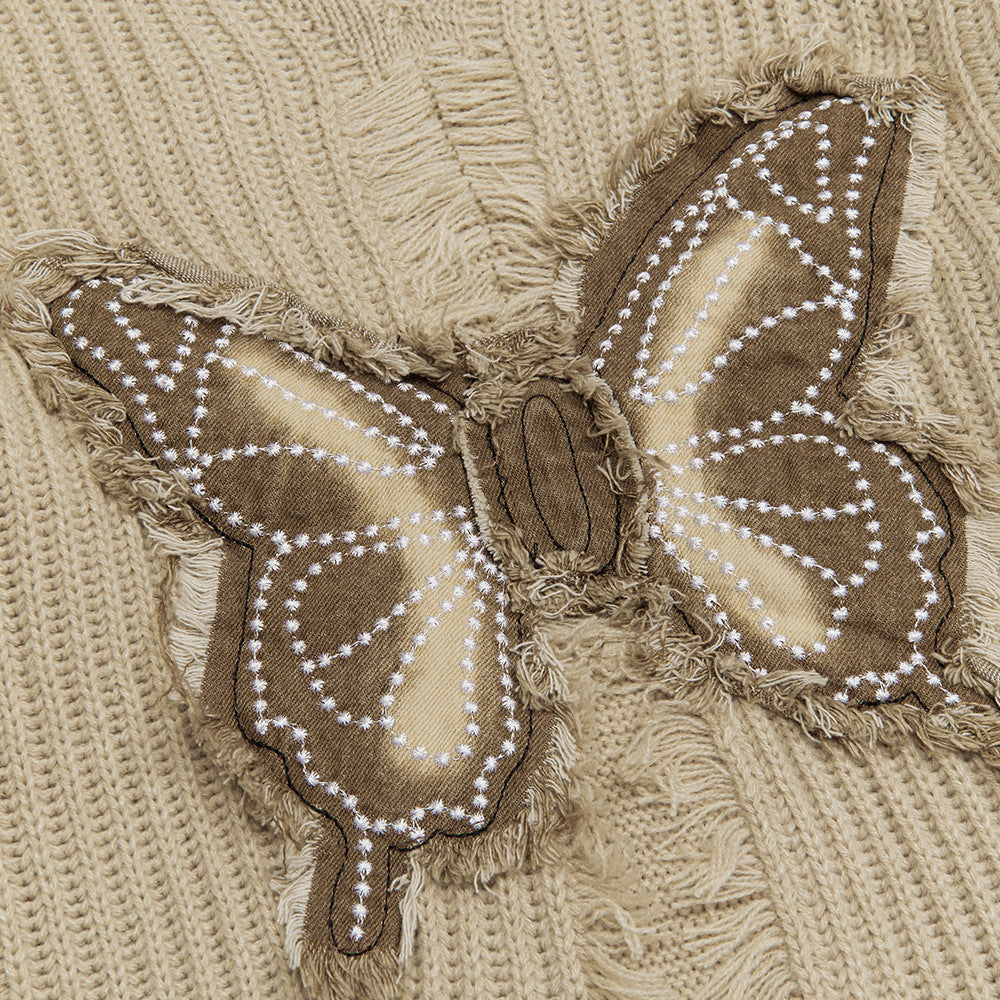 Butterfly Destroyed Frayed Knitted Worn Design V-neck Sweater