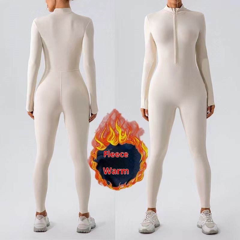 Zipper Nude Feel Close-fitting Fleece Yoga Jumpsuit