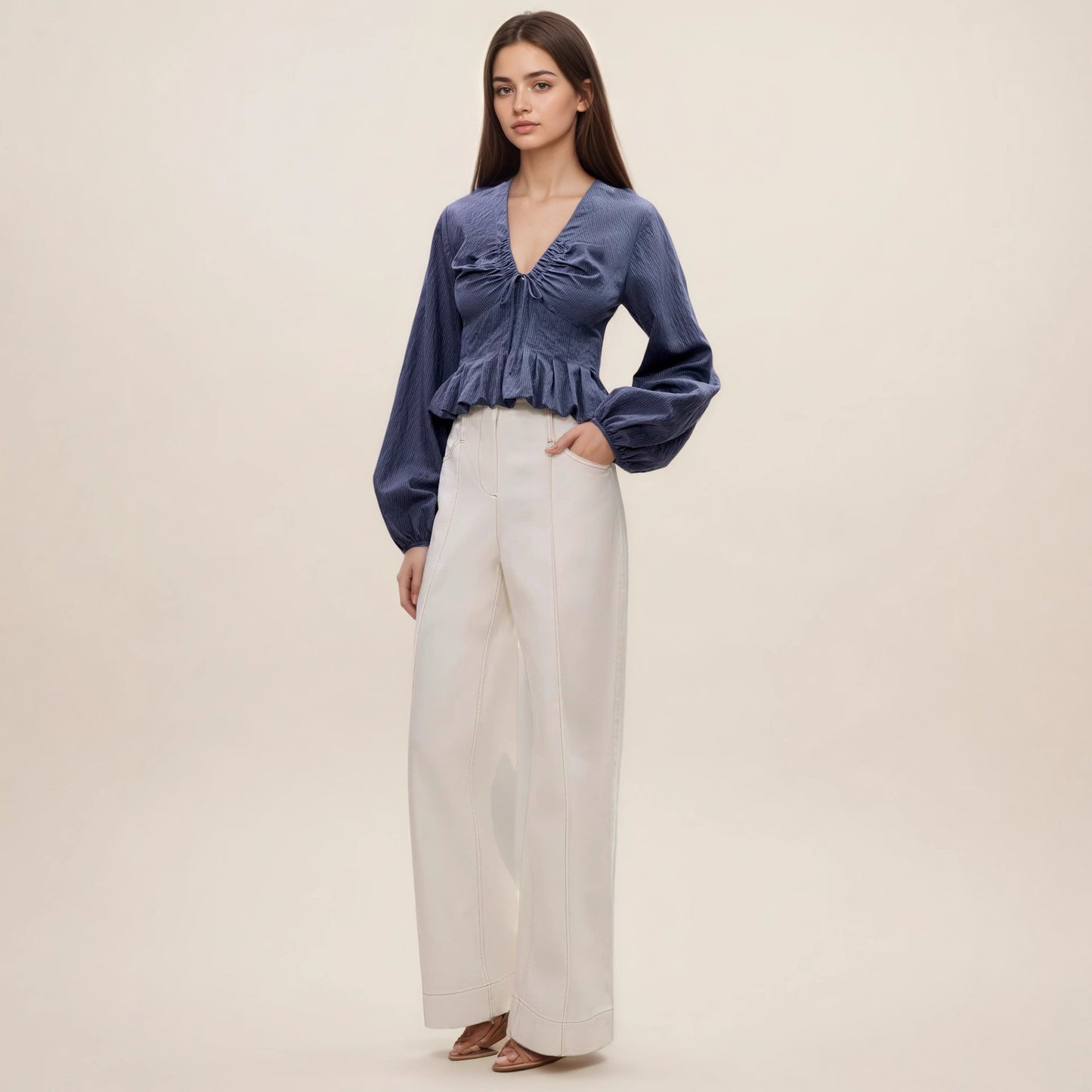 Gentle V-neck Top With Drawstring And Ruffled Hem Detailing