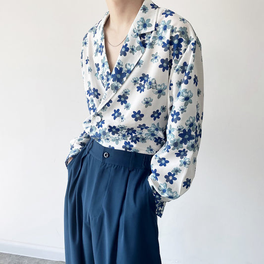Lightly Mature Textured Ink-wash Painting-inspired Retro Suit-collar Shirt