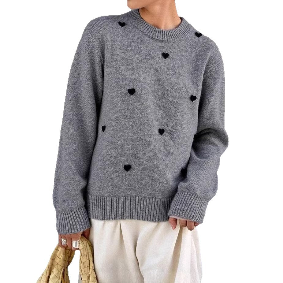 Womens Crew-Neck Pullover Heart Jacquard Knitted Sweater
