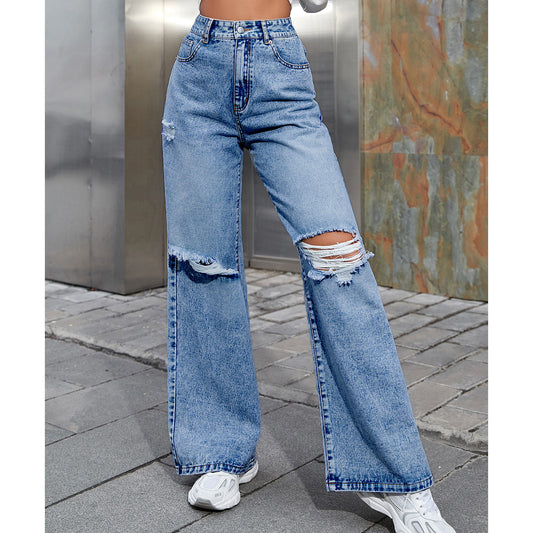 Damebukser i denim med høj talje og huller