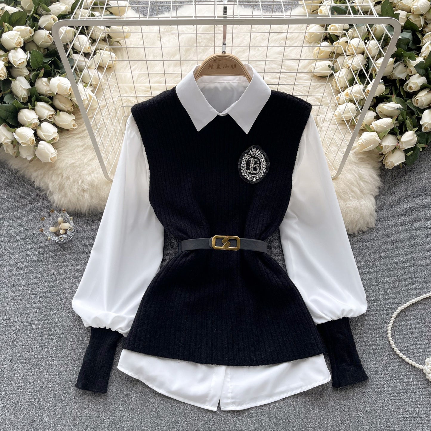 Loose Long Sleeves Shirt Knitted Vest High-grade Light Luxury Socialite Suit