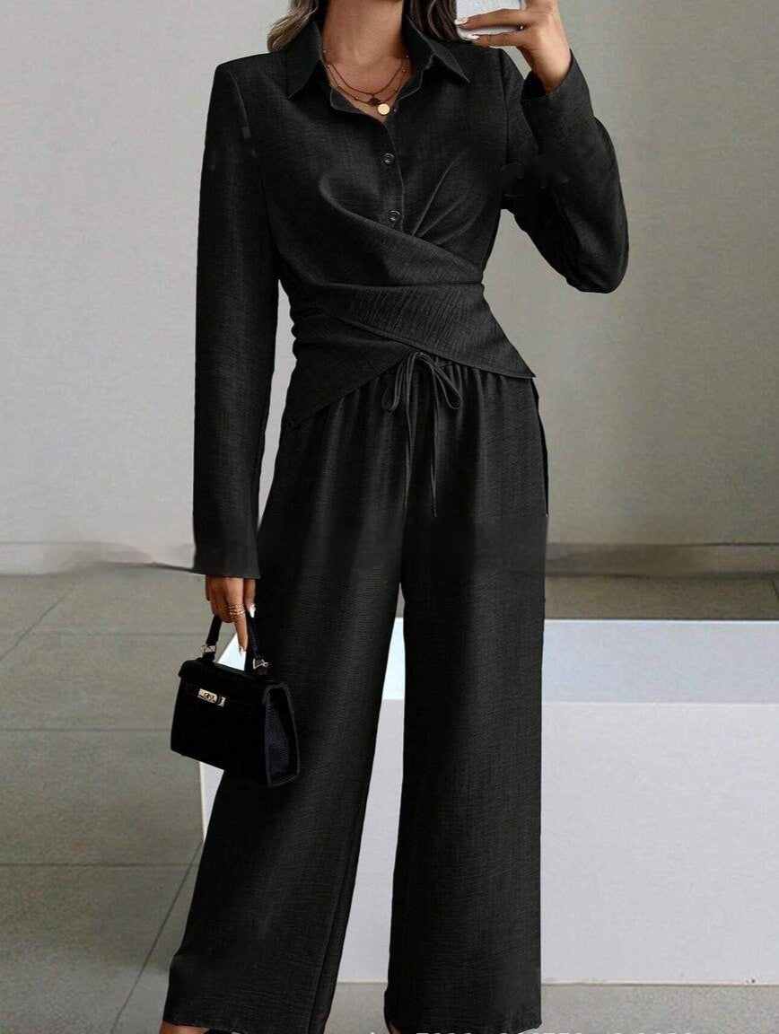 Women's Elegant Shirt Top And Wide-Leg Pants Two-Piece Set