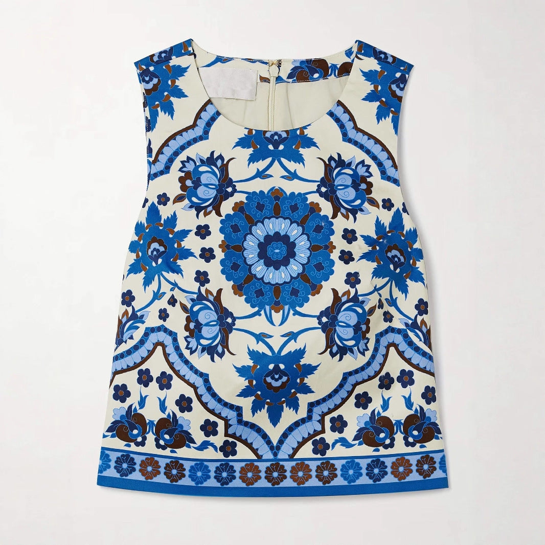 Slim-fit Blue Printed Round-neck Top And Skirt Two-piece Set