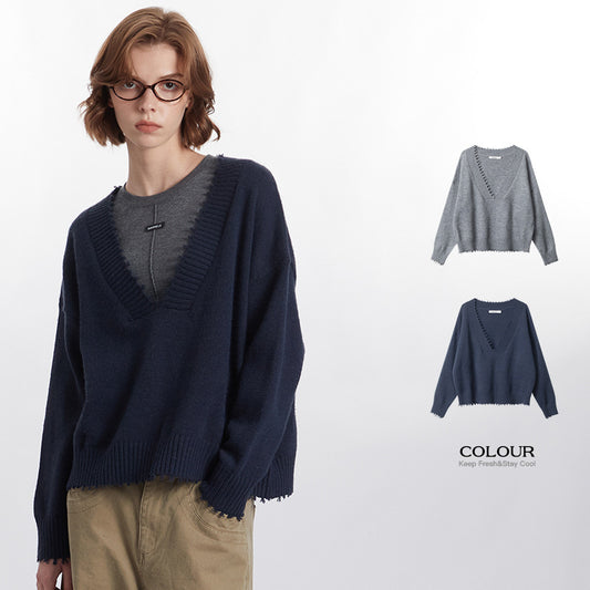 European And American Raw Edges Design V-neck Long-sleeved Sweater