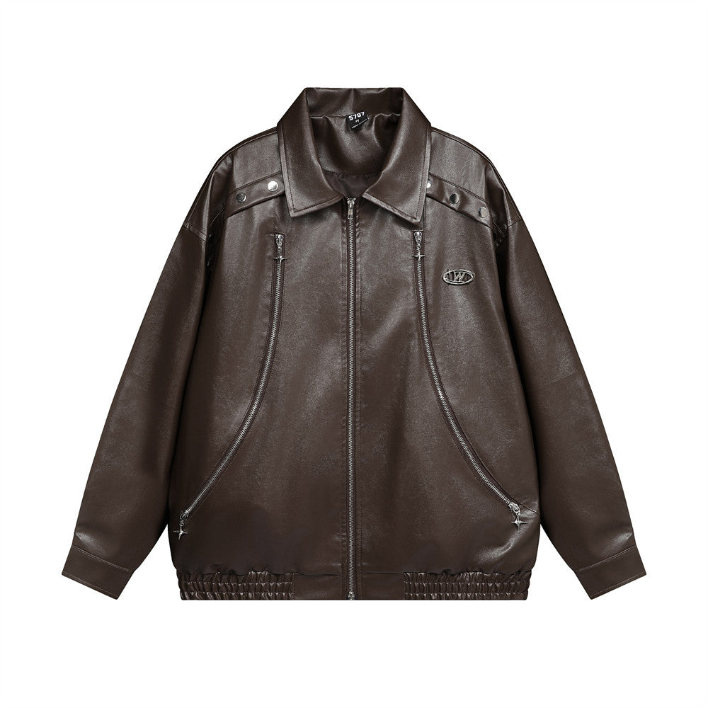 Men's Design Stitching Two-way Zipper Loose Cool PU Leather Jacket
