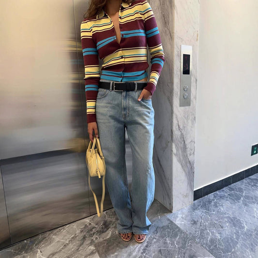 Retro-collar Slimming Versatile Striped Sweater