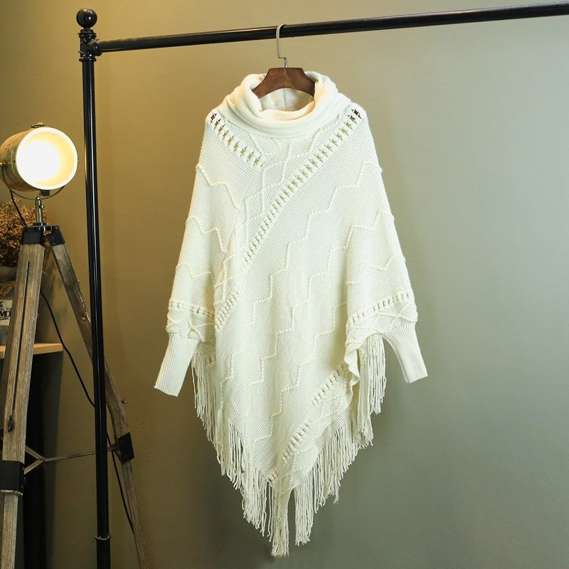 Efterår og vinter Ny strikket sjal med kvaster Højhalset Varm flagermusærmet pullover