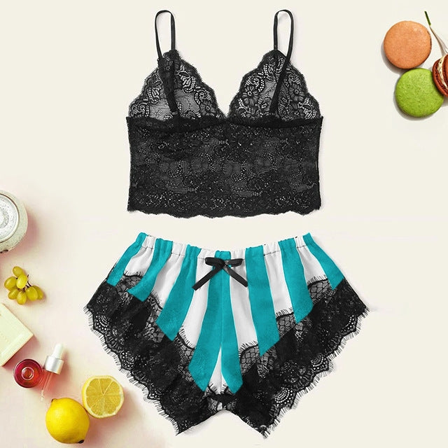 Women's Lace Home Striped Underwear Set