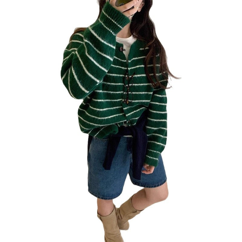 Mixed Color Stripe Long Sleeve Women's Sweater Jacket