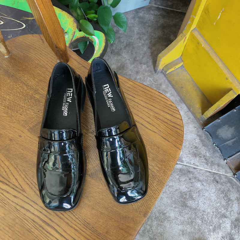 Retro Square Toe Mid-heel Soft Leather Chunky-heel Loafers