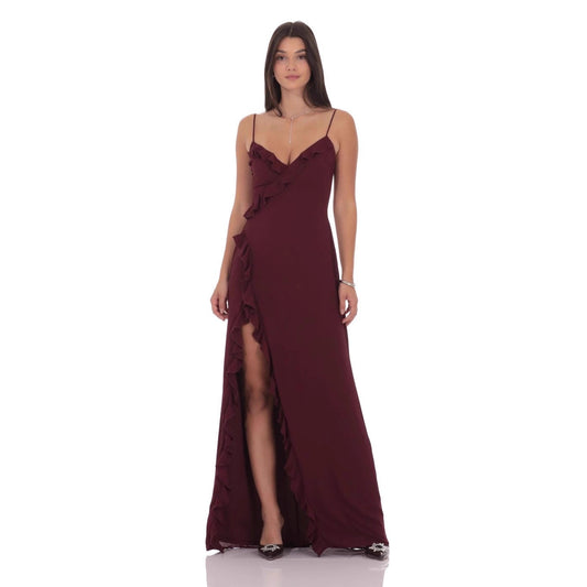 Womens Fashion V-Neck Ruffle-Trim Slit Backless Slip Dress