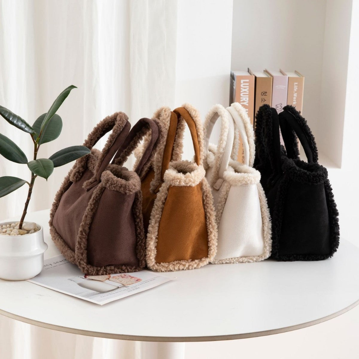 Womens Plush Crossbody Tote Bag