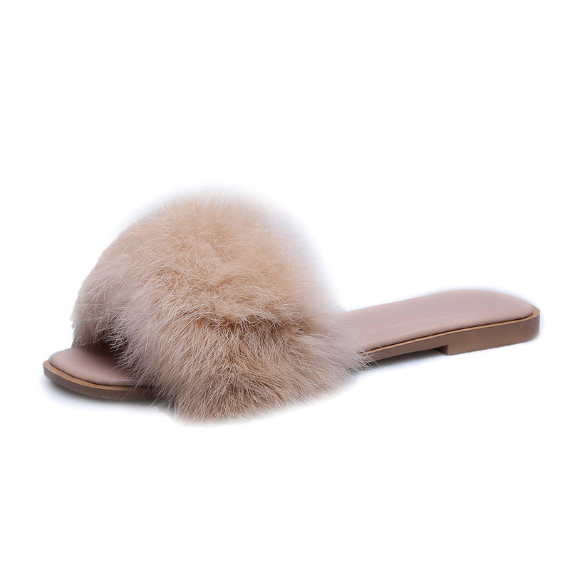 Fashion Rabbit Fur Flat Women's Slippers Plus Size