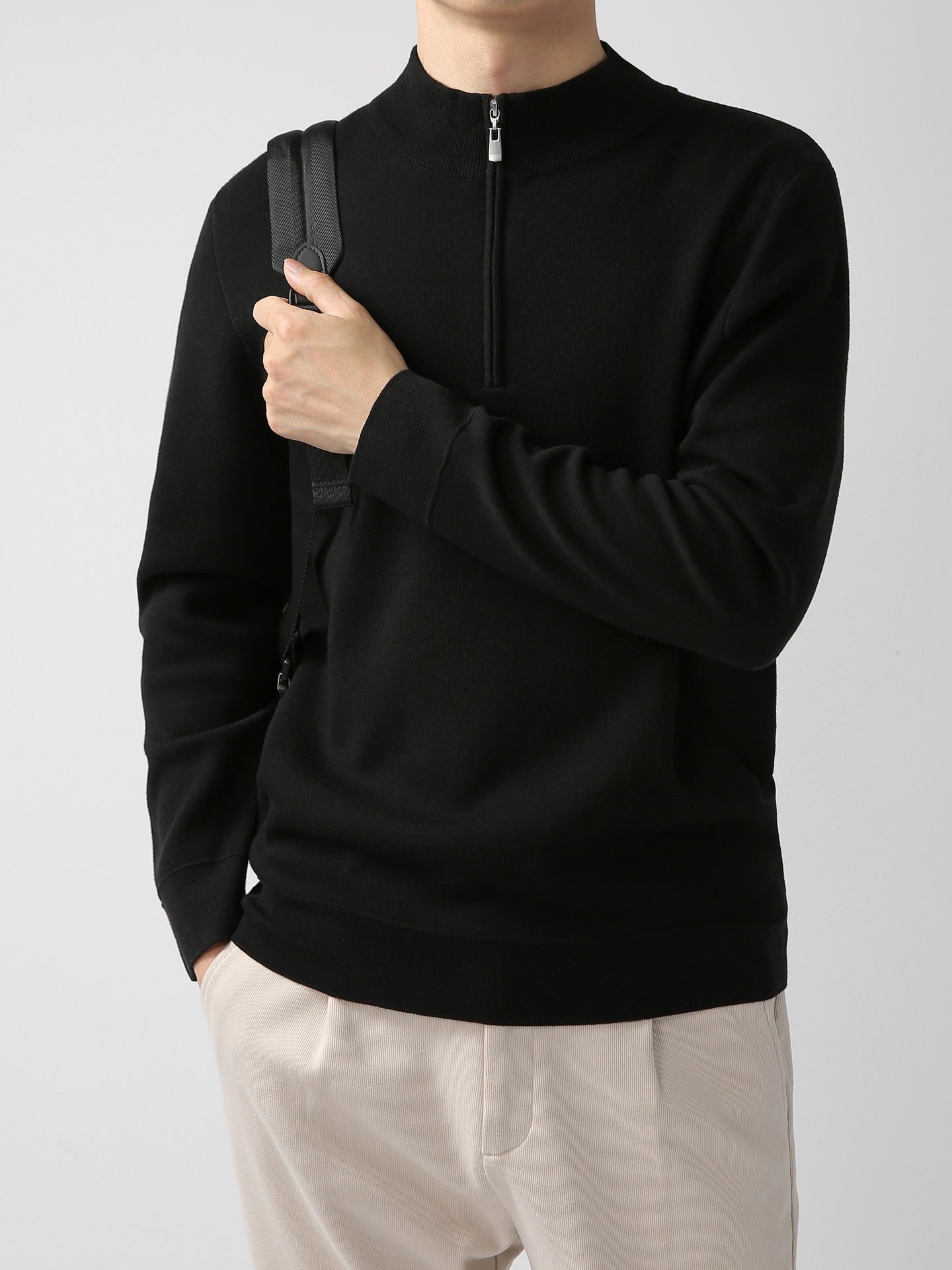 Men's Sweater Light Mature Simple Zip Stand Collar Machine Washable Merino Wool Knitwear