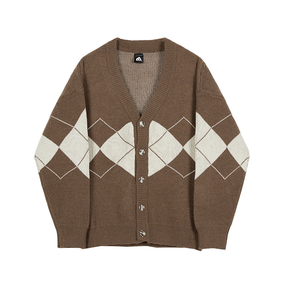 Couple Knitted Coat Diamond Lattice Color Patchwork Cardigan Men's Long-sleeved Sweater