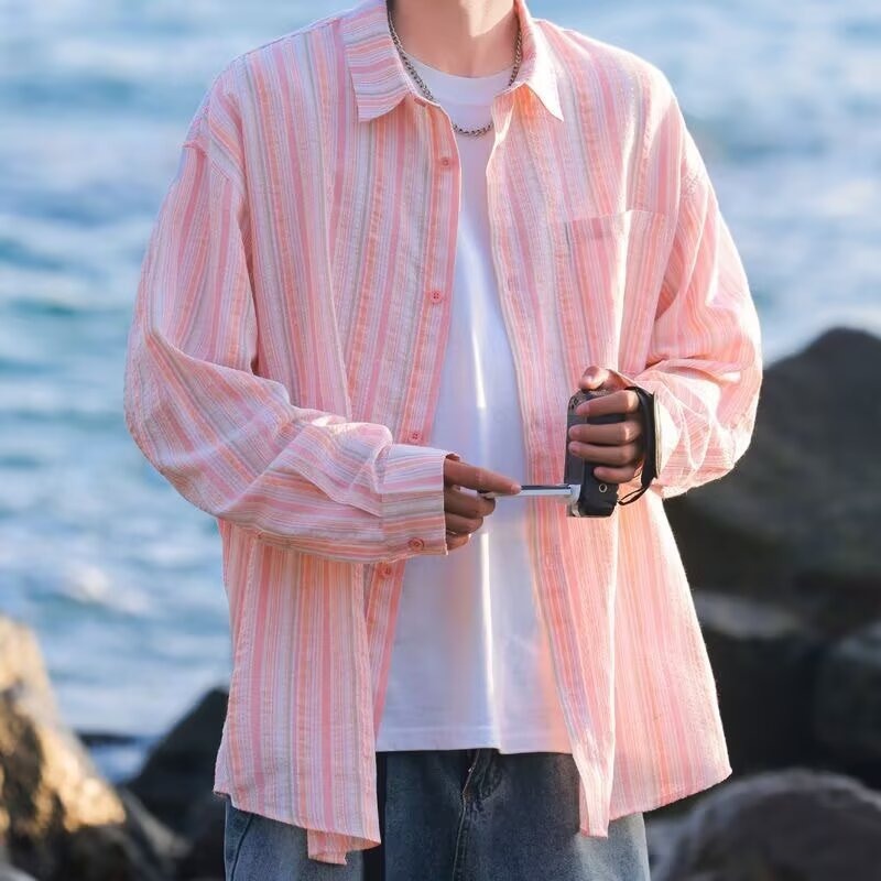 Versatile Sun-Protective Long-Sleeve Shirt Loose-Fit Striped Casual Mens Shirt