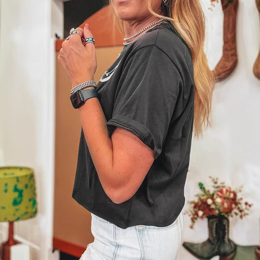 Retro Western-Print Loose T-Shirt In European And American Style