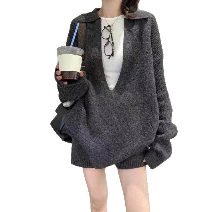 Dame V-hals Sweater Sæt Løs Sweater Shorts