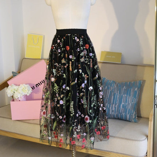 Lace Embroidered Gauze Skirt High Waist Slimming Large Size Flesh-covering