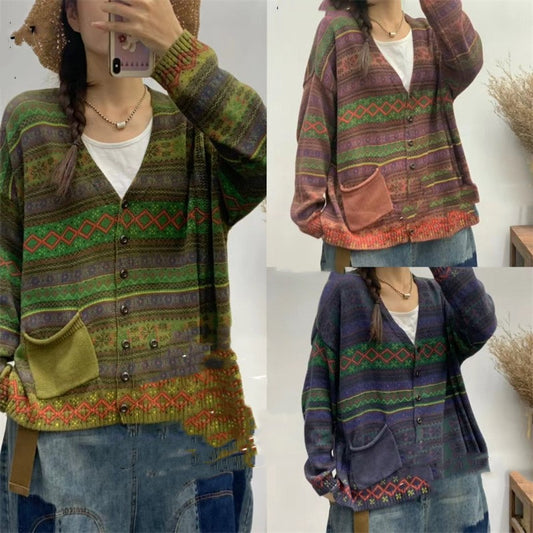 Striped Cotton Printed Pocket V-neck Sweater Cardigan