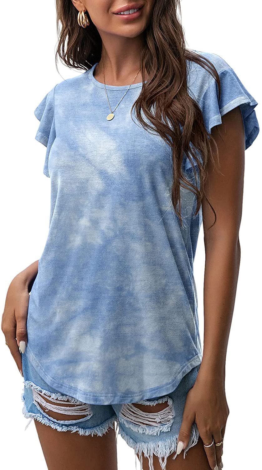 Women's Round Neck Printed Ruffled Short Sleeve T-shirt