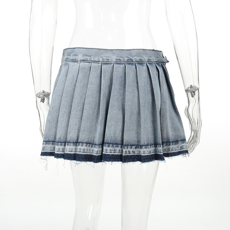 Casual High Waist Pleated Denim Skirt For Women