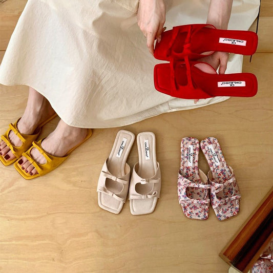 Women's Korean Style Bow Hollow Flat Slide Sandals, New 2026 Summer Design, French Square Toe Beach One-Strap Slides For Outdoor Wear