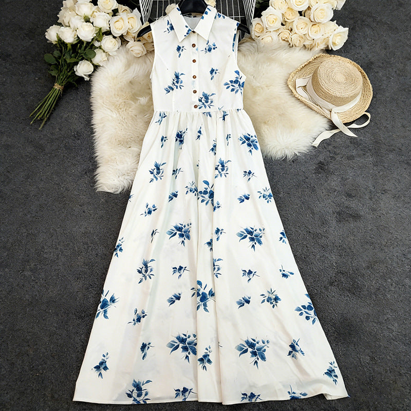 Printed Sleeveless V-Neck Defined-Waist Casual Dress
