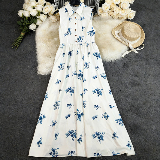 Printed Sleeveless V-Neck Defined-Waist Casual Dress