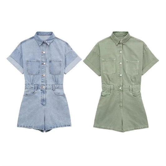 Summer New Women's Fashion Short Denim Pocket Decoration Cargo Overalls