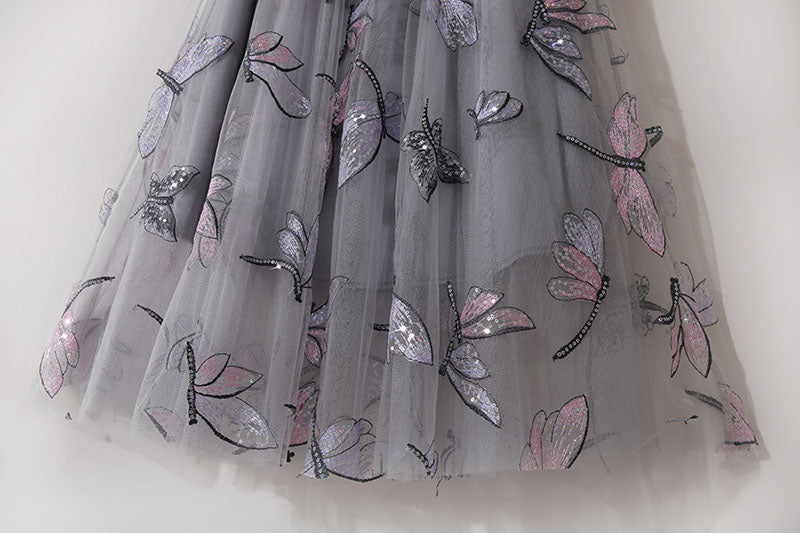 Golden Silk High Waist Sweet Slim Retro Lace Dragonfly Sequin Embroidery Mid Length Skirt