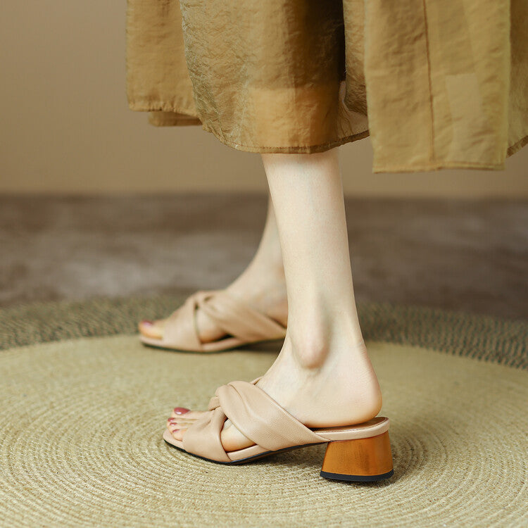 Sheepskin Square Head Chunky Heel Outdoor Middle Heel Slippers