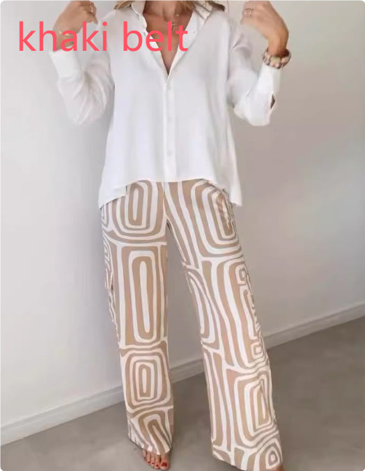Long-sleeved Lapel Shirt Printed Wide-leg Pants Suit