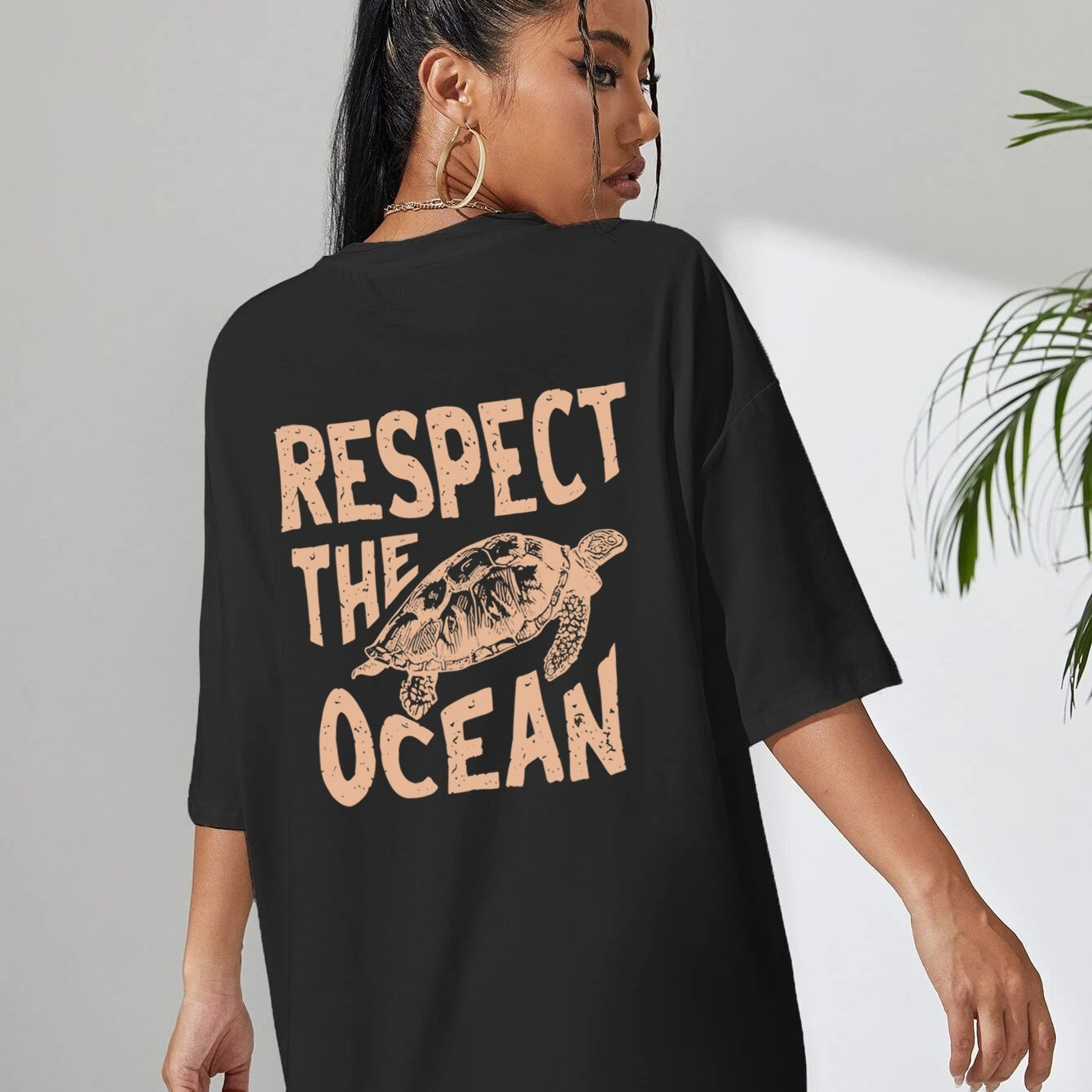 Ladies Respect Ocean Turtle Printed T-shirt