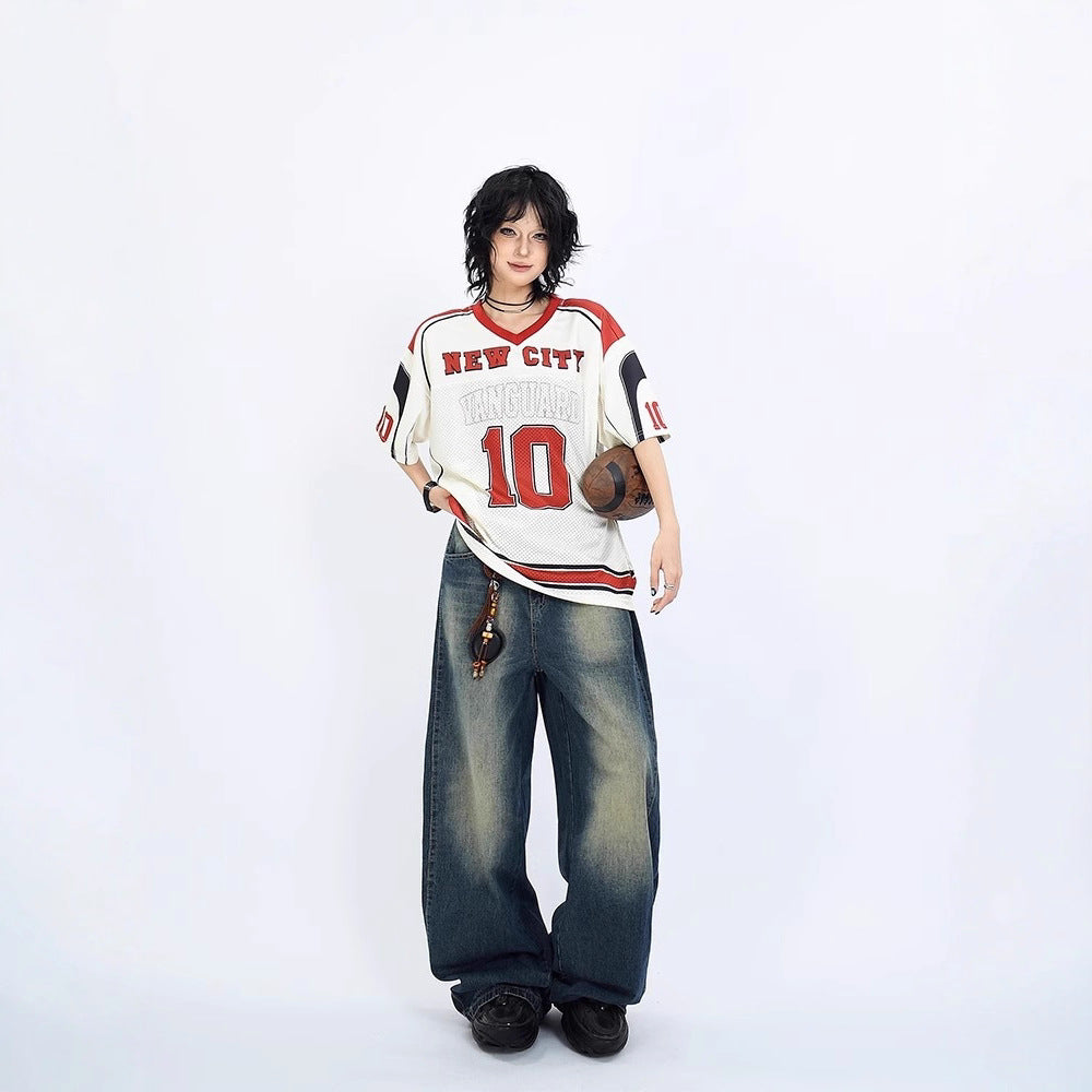 Women's American Retro Printed Baseball Uniform Short Sleeve