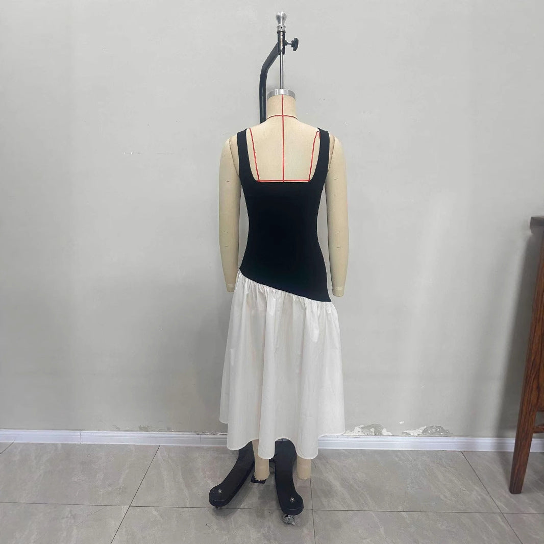 Color Block Dress Sleeveless Halter Neck Black And White Contrast Maxi Dress