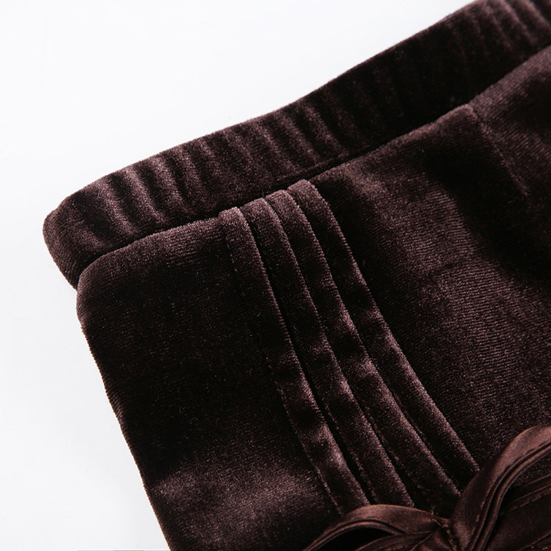 European And American Retro Brown Bow Bandage High Waist Velvet Skirt
