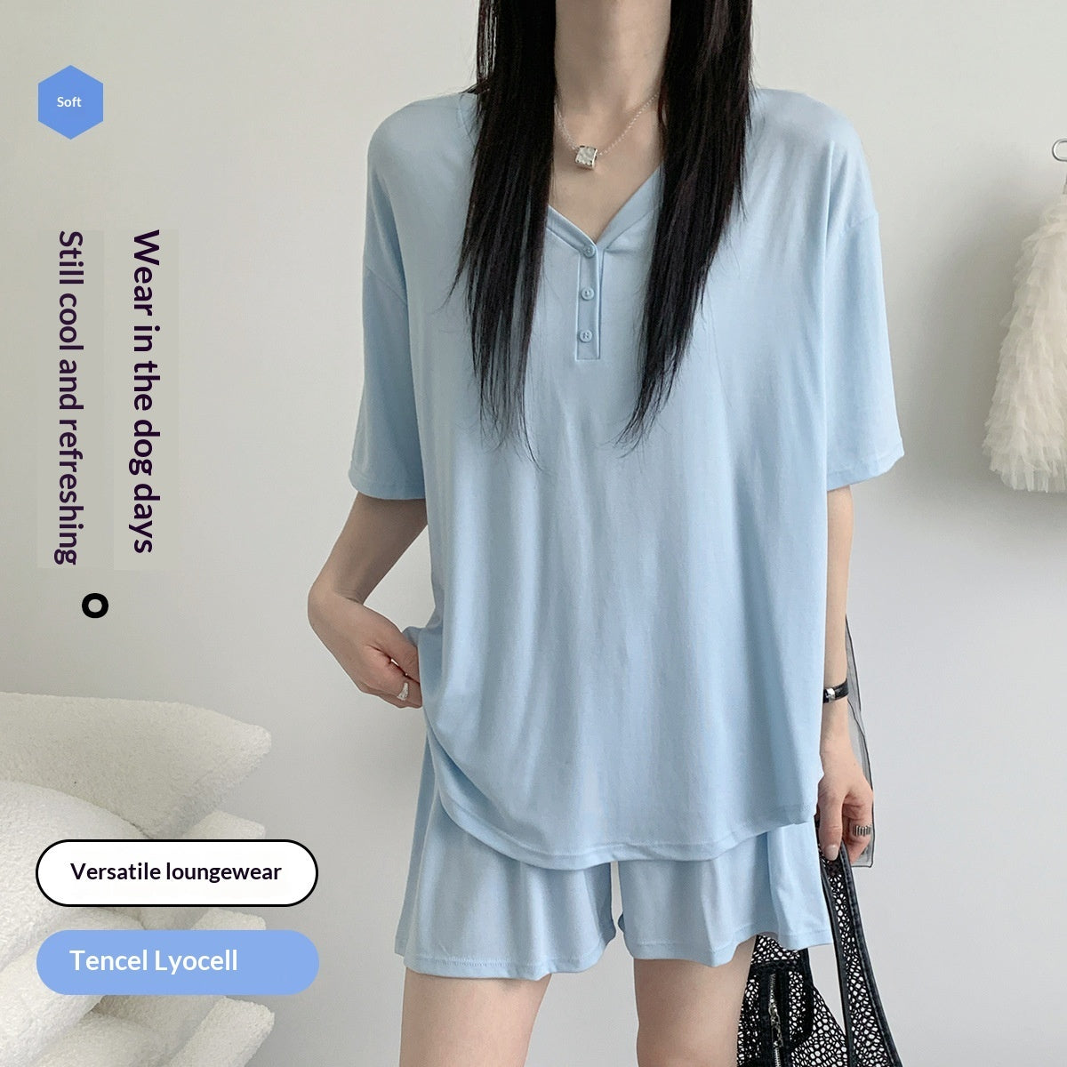 Home Wear Set Cool-to-the-touch V-neck Short-sleeve Shorts Skin-friendly Soft Loose-fitting Pajamas
