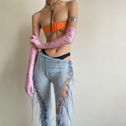 High Waist Straight Micro-Flare Hollow Lace-Up Mesh Casual Pants