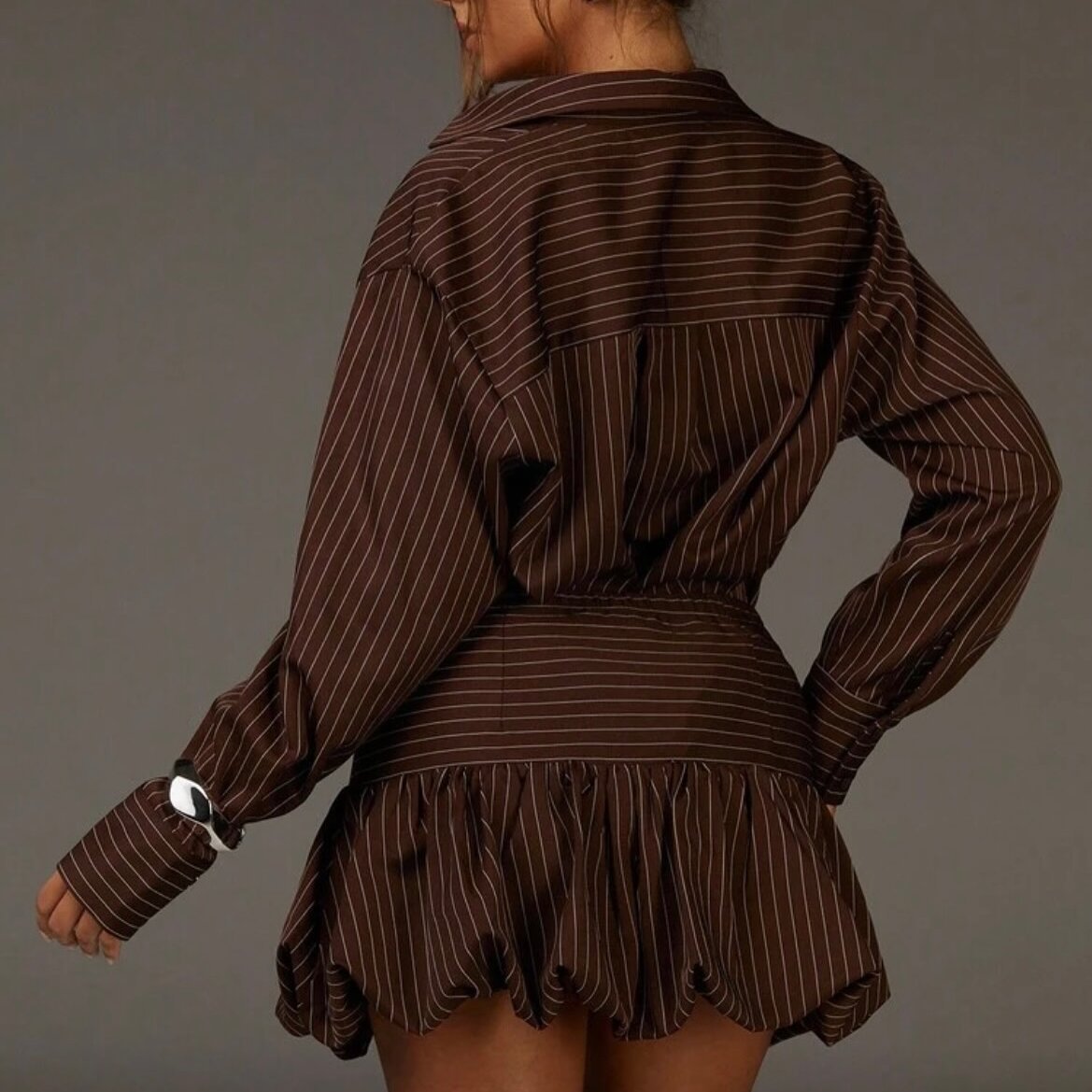 Autumn Sweet Striped Shirt Collar Dress Long Sleeve Waist-cinching Two-piece Set