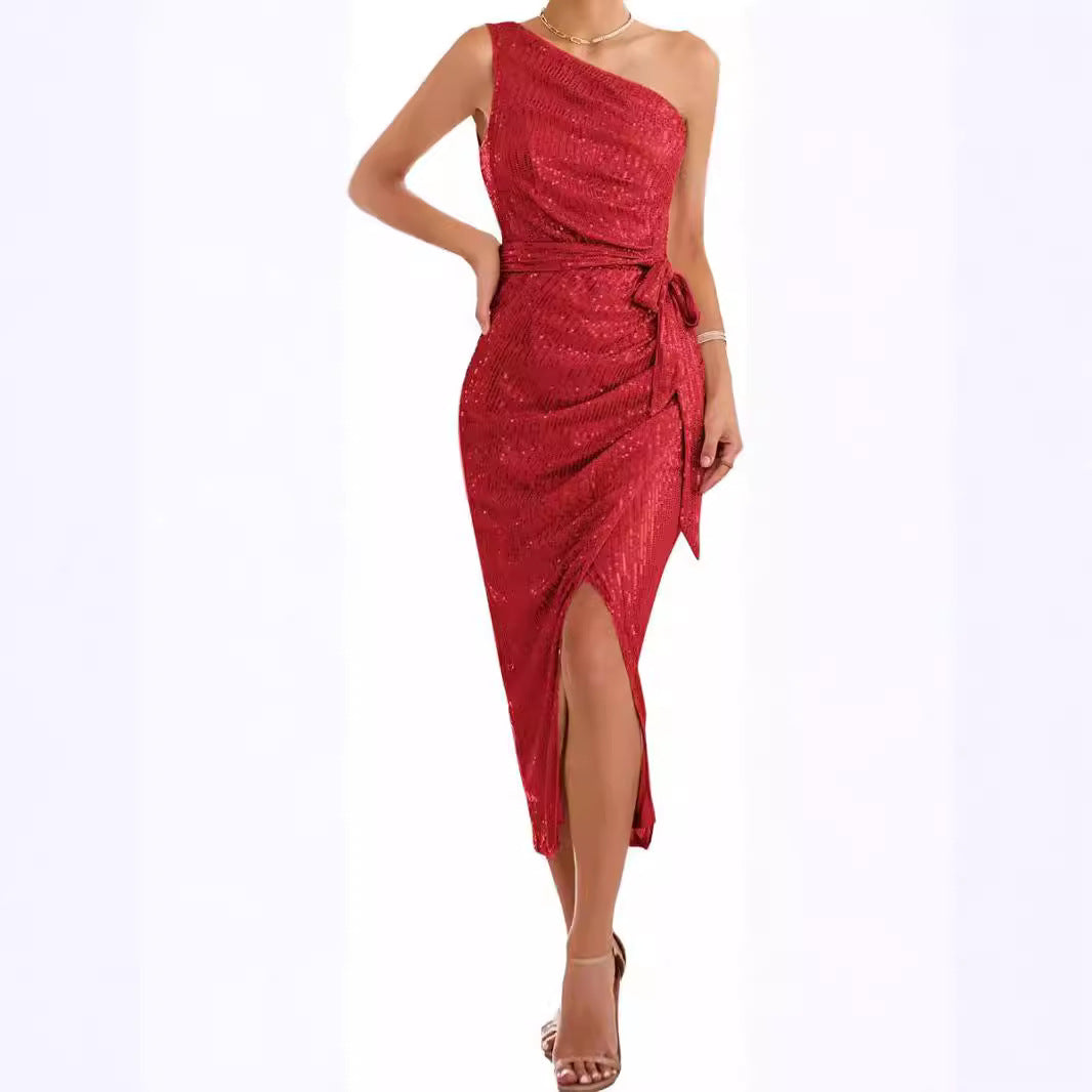 Womens Sleeveless One-shoulder Sequin Dress
