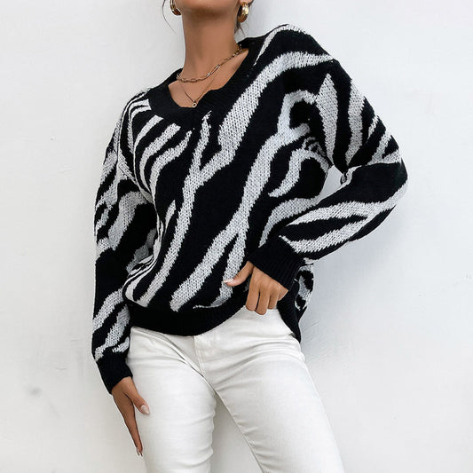 Women's Zebra Stripe Pullover Warm Thick Knit Sweater