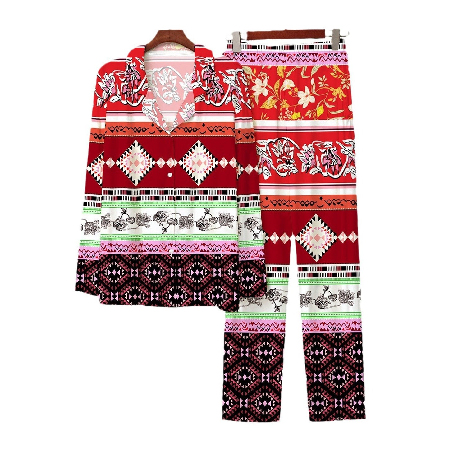 Printed-button Open-front Pajama Shirt And Pajama Pants