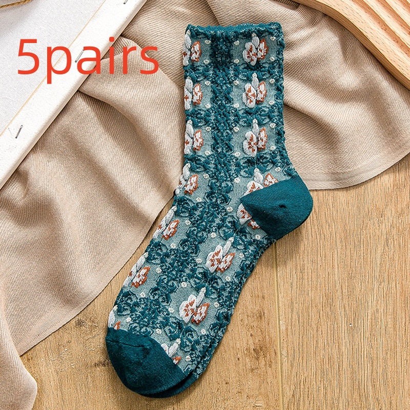 Retro Three-dimensional Relief Socks Women's Tube Flowers Casual Wear