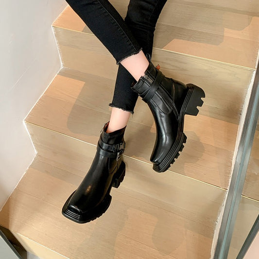 Black Side Zip Platform Buckle Boots