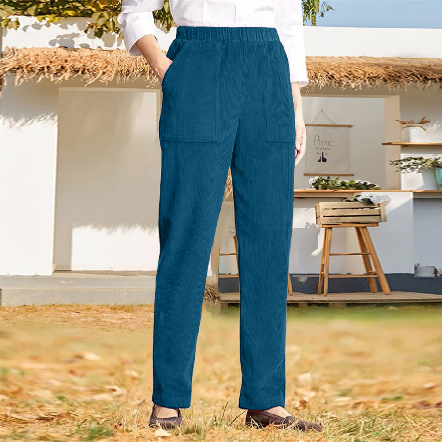 Women's Pure Color Elastic Waist Striped Straight Casual Pants