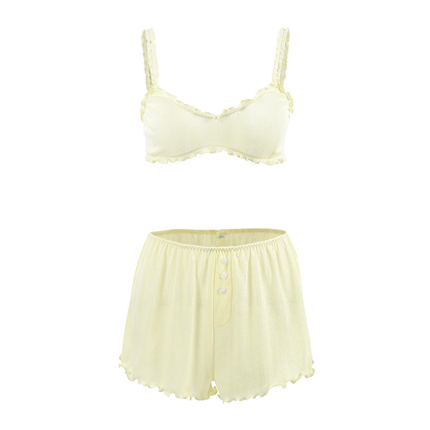 Fresh And Sweet Solid-Color Knitted Underwear Shorts Womens Pajama Set